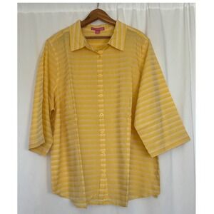 Woman Within Size 22 Plus Yellow Striped Button Up Shirt 3/4 Sleeve Cottagecore